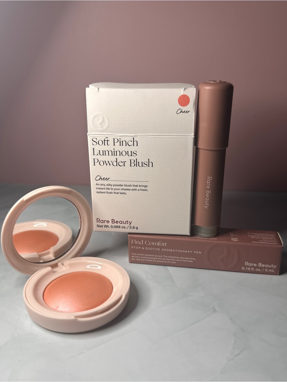 Rare Beauty Soft Pinch Luminous Powder Blush and aroma therapy pen